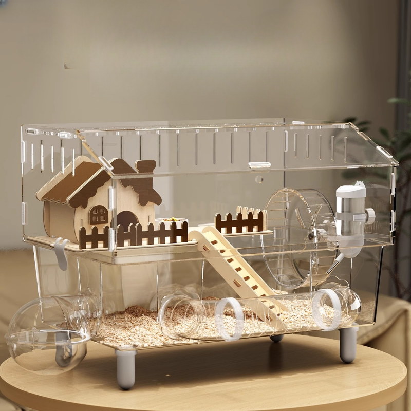 Hamster Cage Wheel - アクリルハムスターケージ、360°ビューのハムスターヴィラ、大型高級噛みつき防止ケージ、静かな回転ホイール、お手入れ簡単