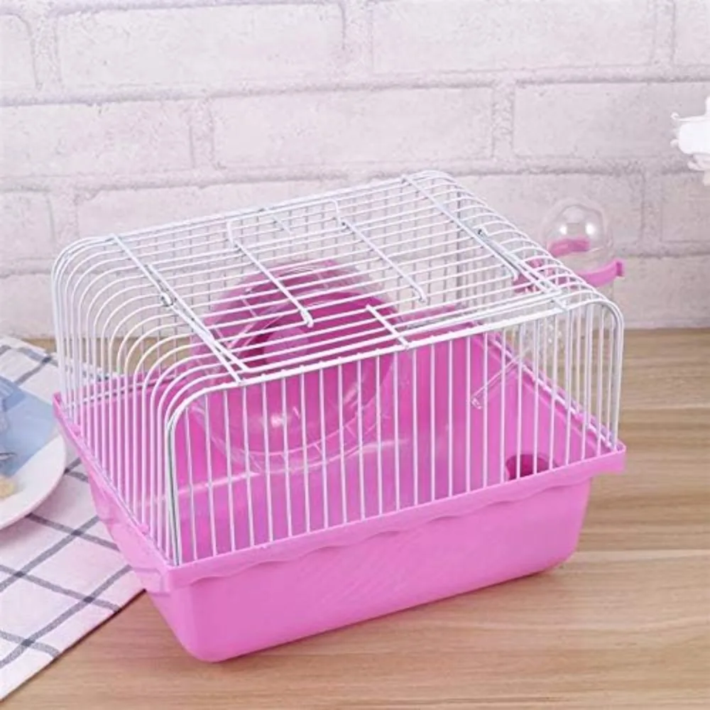 Hamster Cage Wheel - ペットハムスターケージ、ランニングホイール、ウォーターボトル、フード、ポータブルキャリアハウス、ネズミ、自宅、外出、旅行用（ピンク）