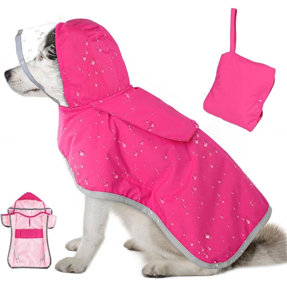 Dog Raincoat - 防水犬用フード付きレインコート反射ストリップ付き防風ペットレインジャケット保護調整可能な犬用レインマント夜間散歩用