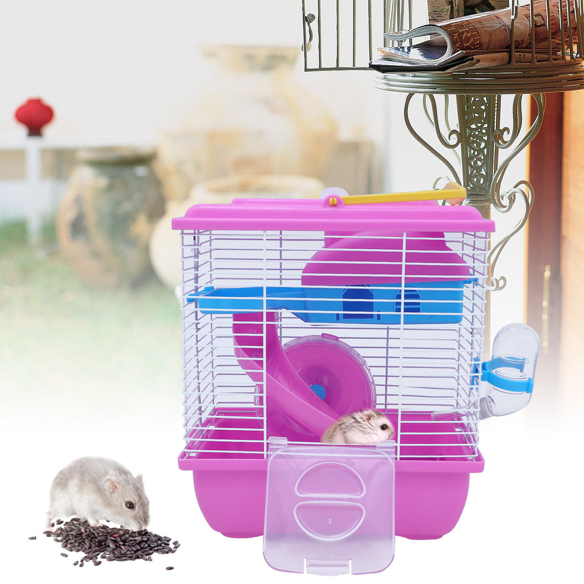 Hamster Cage Wheel - 二層構造のハムスターケージ ピンクのスライドデザイン ランニングホイール 防漏ウォータージャグ 環境に優しいプラスチック製 小型ペットハウス