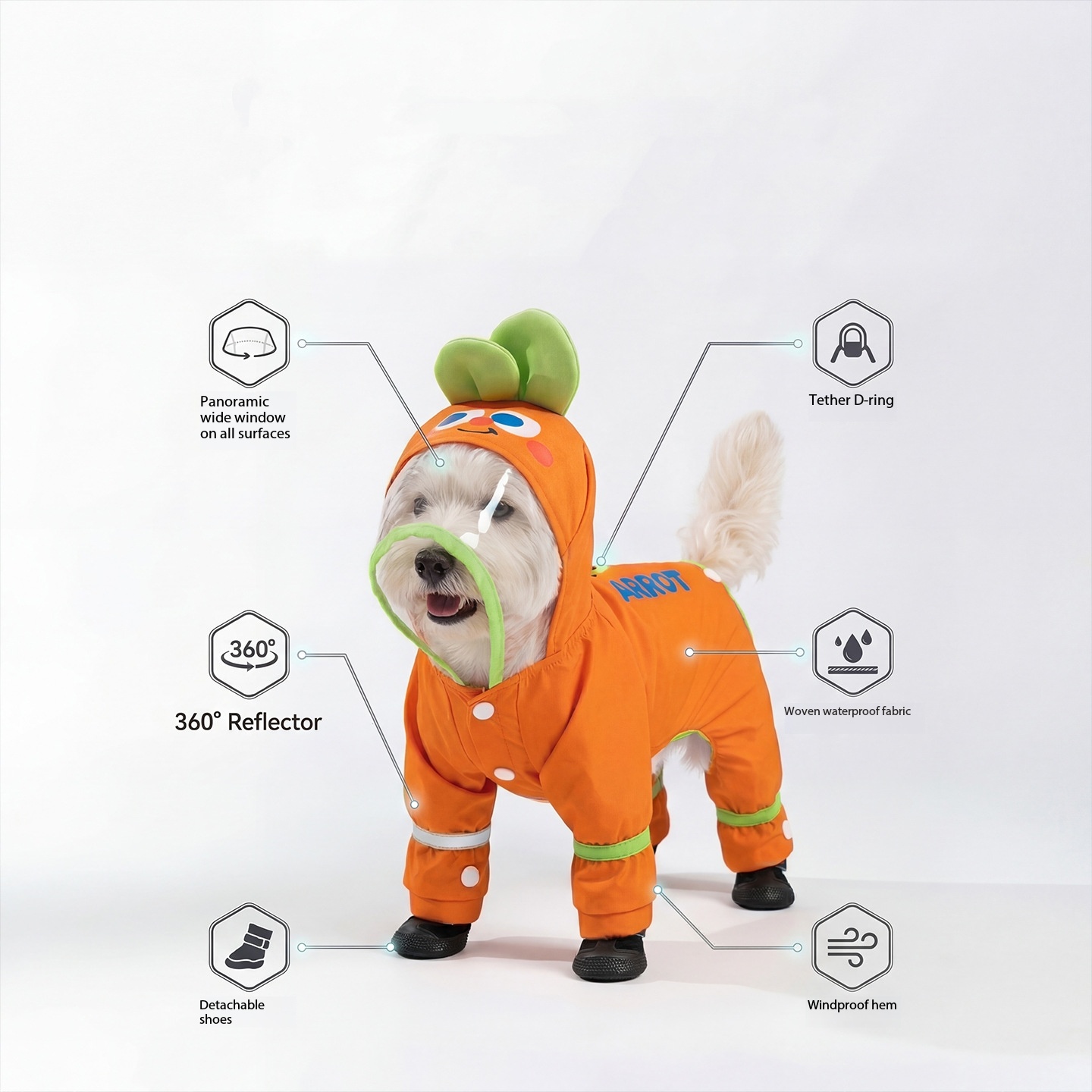 オレンジ色のキャロット柄犬用レインコート、四足防水オールイン - Dog Raincoat のレビューと価格