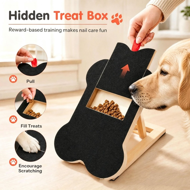 木製犬用爪とぎボード、引き出し式トリムパッド付き、内蔵おやつ - Pet Nail Grinder のレビューと価格